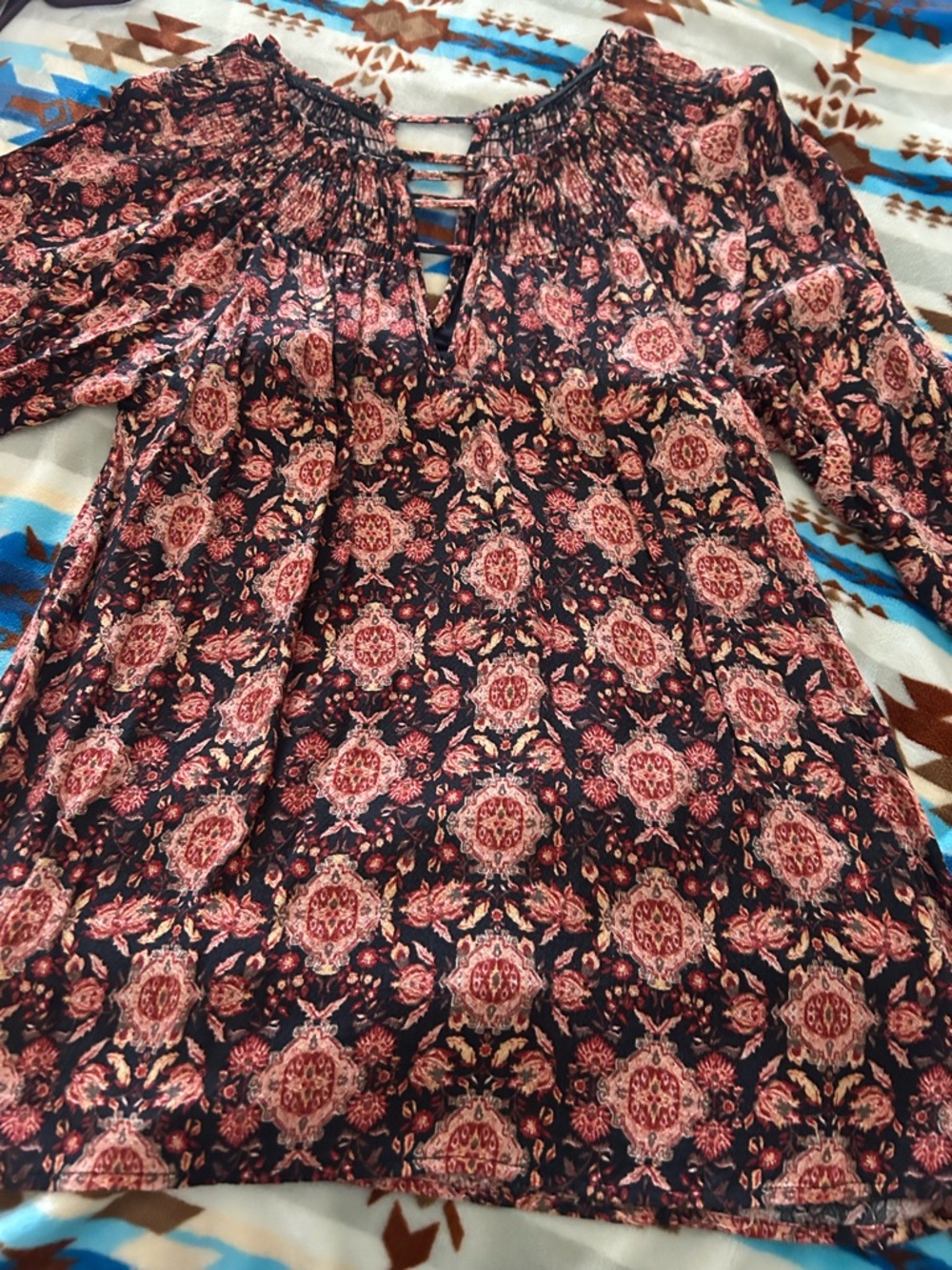 Buckle Floral Peasant Blouse in Navy and Rust